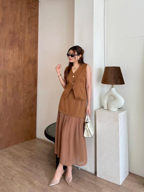 V-neck Sleeveless Blouse With Skirts Sets